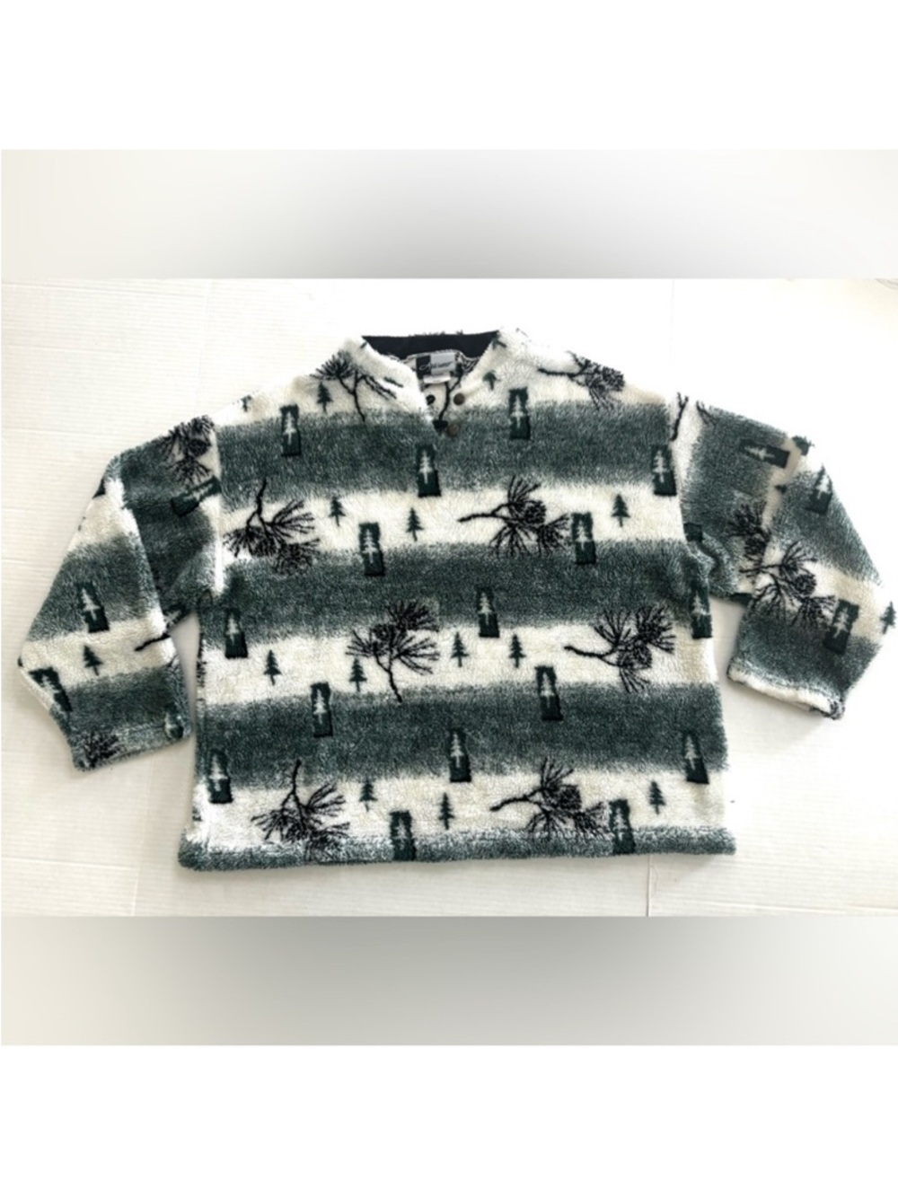 Artisans Vintage Green White Forest Plush‎ Pull On Oversized Sweater Jacket XXL